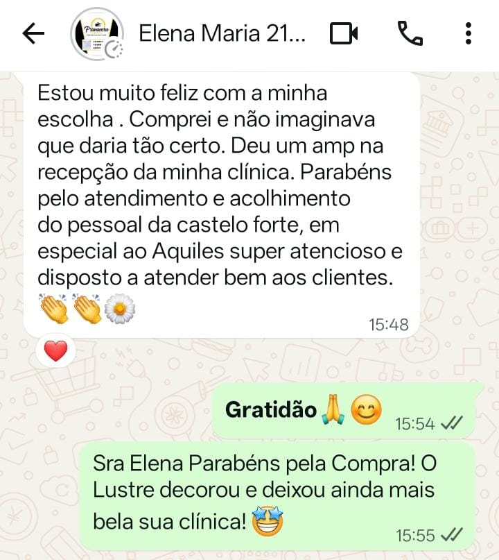Print de conversa no WhatsApp: cliente elogia o atendimento do Aquiles na Castelo Forte